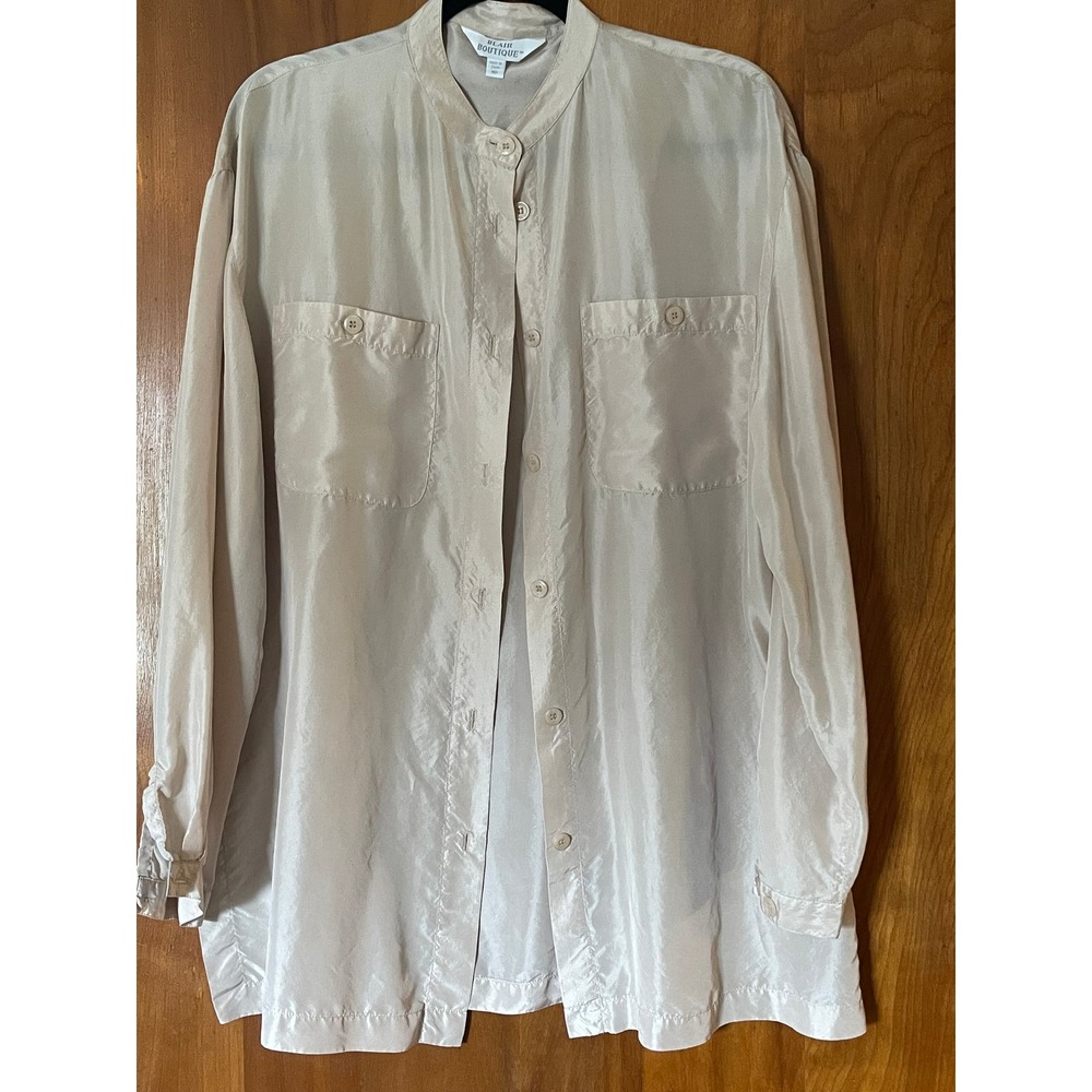 Blair Boutique Silk Button Up Top Tunic Long Sleeve Size M Tan Layering Normcore